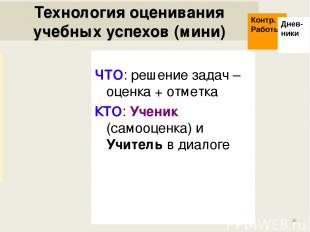 * Технология оценивания учебных успехов (мини) ЧТО: решение задач – оценка + отм