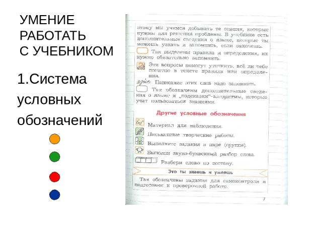 УМЕНИЕ РАБОТАТЬ С УЧЕБНИКОМ 1.Система условных обозначений