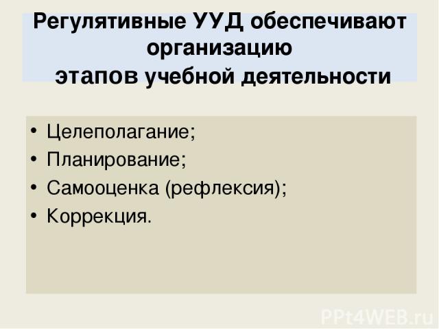 Регулятивные УУД обеспечивают организацию этапов учебной деятельности Целеполагание; Планирование; Самооценка (рефлексия); Коррекция.