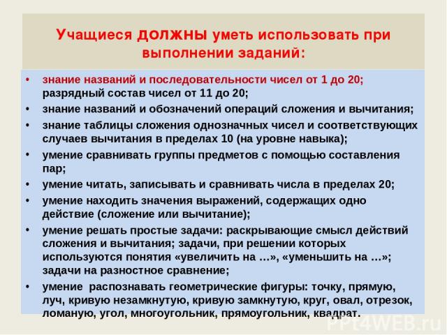 Учащиеся должны уметь использовать при выполнении заданий: знание названий и последовательности чисел от 1 до 20; разрядный состав чисел от 11 до 20; знание названий и обозначений операций сложения и вычитания; знание таблицы сложения однозначных чи…