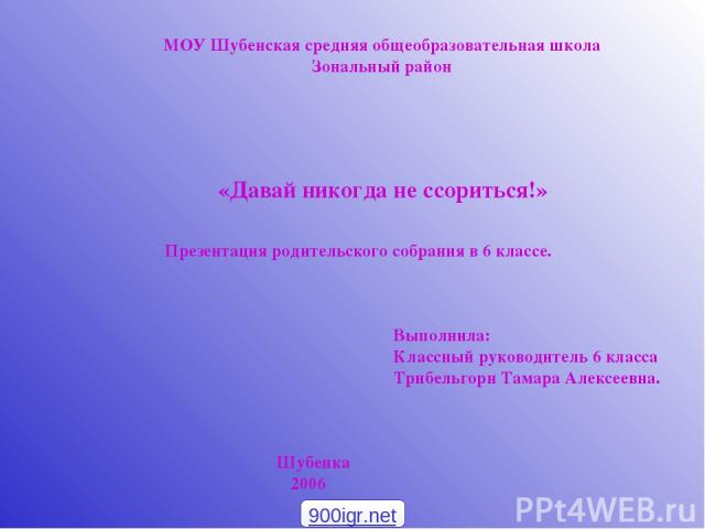 МОУ Шубенская средняя общеобразовательная школа Зональный район «Давай никогда не ссориться!» Презентация родительского собрания в 6 классе. Выполнила: Классный руководитель 6 класса Трибельгорн Тамара Алексеевна. Шубенка 2006 900igr.net