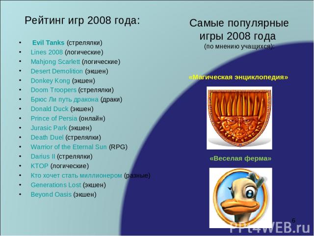 Рейтинг игр 2008 года: Evil Tanks (стрелялки) Lines 2008 (логические) Mahjong Scarlett (логические) Desert Demolition (экшен) Donkey Kong (экшен) Doom Troopers (стрелялки) Брюс Ли путь дракона (драки) Donald Duck (экшен) Prince of Persia (онлайн) Ju…