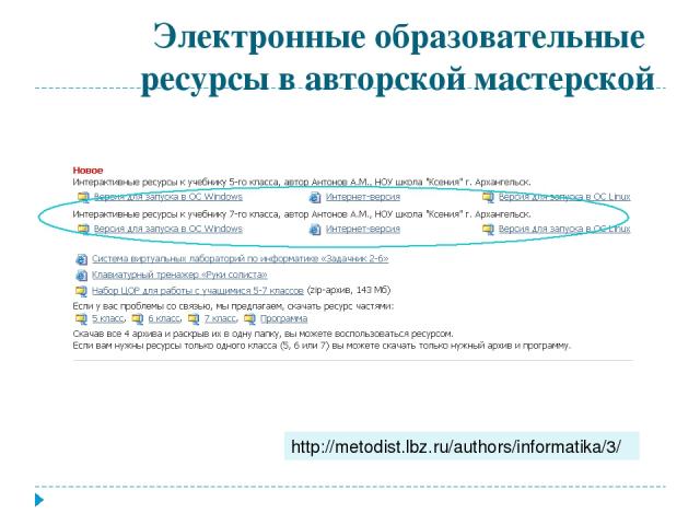 Электронные образовательные ресурсы в авторской мастерской http://metodist.lbz.ru/authors/informatika/3/
