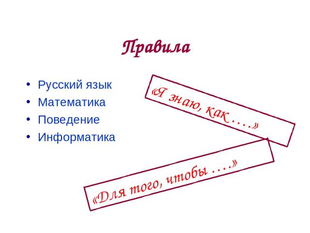 Правила Русский язык Математика Поведение Информатика «Я знаю, как ….» «Для того, чтобы ….» * из 20