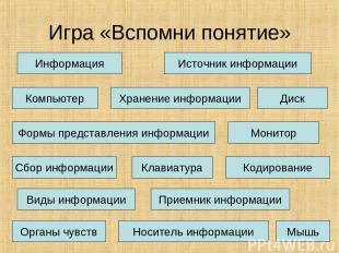 Игра «Вспомни понятие» Информация Хранение информации Источник информации Монито