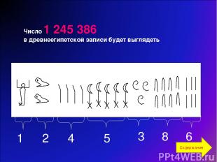 Число 1 245 386 в древнеегипетской записи будет выглядеть 1 2 4 5 3 8 6 Содержан