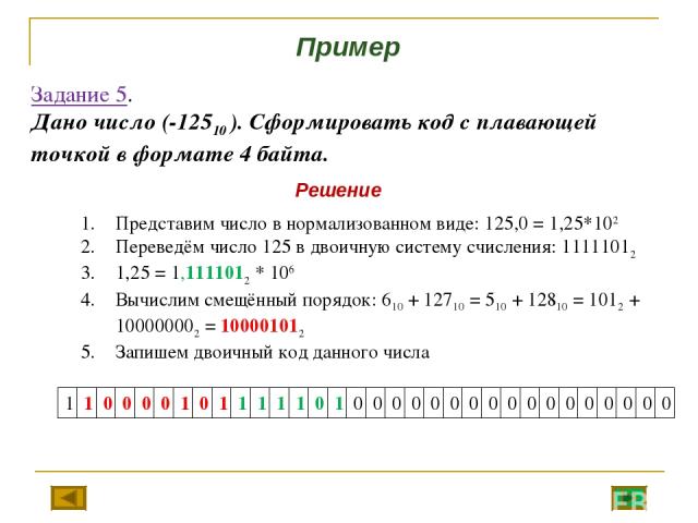 Задание 5. Дано число (-12510 ). Сформировать код с плавающей точкой в формате 4 байта. Представим число в нормализованном виде: 125,0 = 1,25*102 Переведём число 125 в двоичную систему счисления: 11111012 1,25 = 1,1111012 * 106 Вычислим смещённый по…