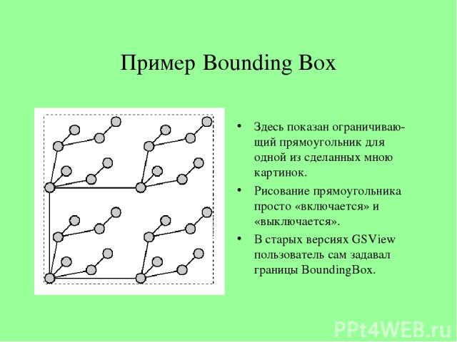 Пример Bounding Box Здесь показан ограничиваю- щий прямоугольник для одной из сделанных мною картинок. Рисование прямоугольника просто «включается» и «выключается». В старых версиях GSView пользователь сам задавал границы BoundingBox.