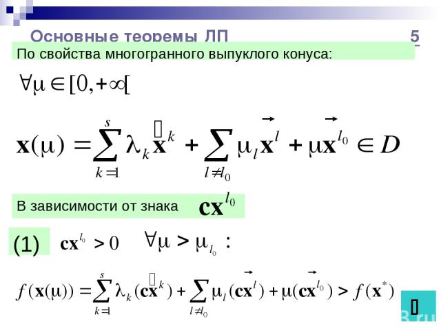 Основные теоремы ЛП 5 По свойства многогранного выпуклого конуса: (1)
