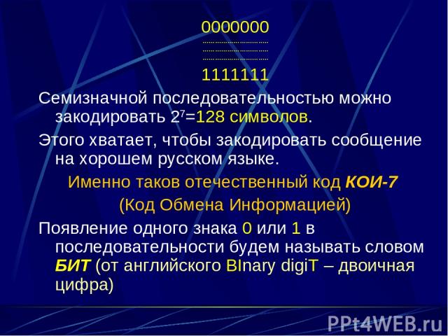 0000000 ………………………….. ………………………….. ………………………….. 1111111 Семизначной последовательностью можно закодировать 27=128 символов. Этого хватает, чтобы закодировать сообщение на хорошем русском языке. Именно таков отечественный код КОИ-7 (Код Обмена Информа…