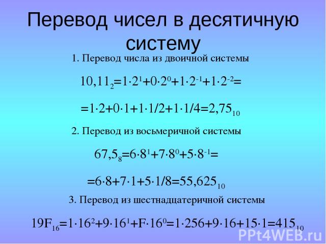 Перевод чисел в десятичную систему 1. Перевод числа из двоичной системы 10,112=1·21+0·20+1·2-1+1·2-2= =1·2+0·1+1·1/2+1·1/4=2,7510 2. Перевод из восьмеричной системы 67,58=6·81+7·80+5·8-1= =6·8+7·1+5·1/8=55,62510 3. Перевод из шестнадцатеричной систе…