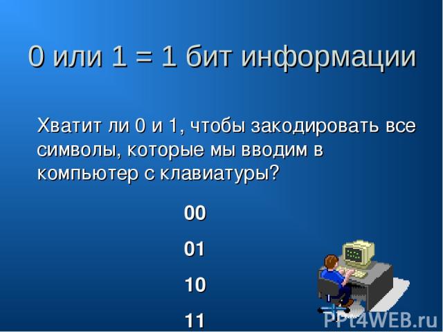 0 или 1 = 1 бит информации Хватит ли 0 и 1, чтобы закодировать все символы, которые мы вводим в компьютер с клавиатуры? 00 01 10 11