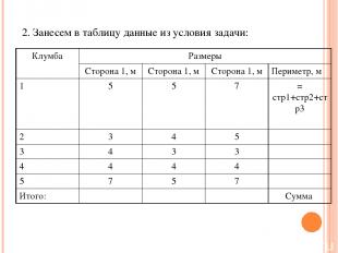 2. Занесем в таблицу данные из условия задачи: Клумба Размеры Сторона 1, м Сторо