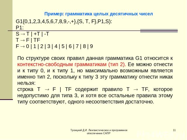 Троицкий Д.И. Лингвистическое и программное обеспечение САПР * Пример: грамматика целых десятичных чисел G1{0,1,2,3,4,5,6,7,8,9,-,+},{S, Т, F},P1,S): P1: S Т | +Т | -Т Т F | TF F 0 | 1 | 2 | 3 | 4 | 5 | 6 | 7 | 8 | 9 По структуре своих правил данная…