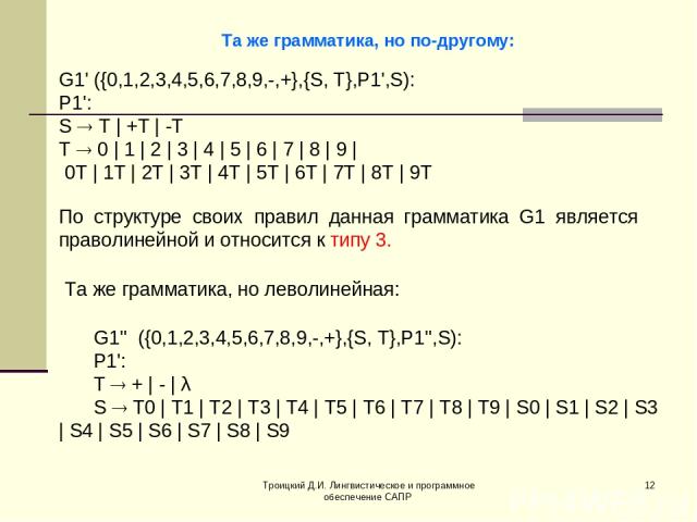 Троицкий Д.И. Лингвистическое и программное обеспечение САПР * Та же грамматика, но по-другому: G1' ({0,1,2,3,4,5,6,7,8,9,-,+},{S, Т},P1',S): P1': S Т | +Т | -Т Т 0 | 1 | 2 | 3 | 4 | 5 | 6 | 7 | 8 | 9 | 0Т | 1T | 2Т | 3Т | 4Т | 5Т | 6Т | 7Т | 8Т | 9…