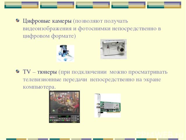 Цифровые камеры (позволяют получать видеоизображения и фотоснимки непосредственно в цифровом формате) ТV – тюнеры (при подключении можно просматривать телевизионные передачи непосредственно на экране компьютера.