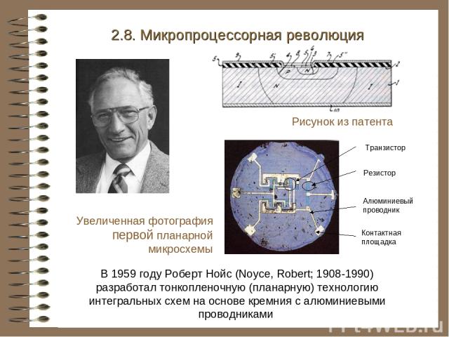 В 1959 году Роберт Нойс (Noyce, Robert; 1908-1990) разработал тонкопленочную (планарную) технологию интегральных схем на основе кремния с алюминиевыми проводниками 2.8. Микропроцессорная революция Рисунок из патента Увеличенная фотография первой пла…