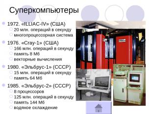 Суперкомпьютеры 1972. «ILLIAC-IV» (США) 20 млн. операций в секунду многопроцессо