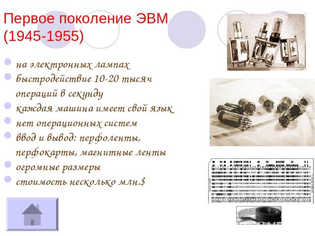 Первое поколение ЭВМ (1945-1955) на электронных лампах быстродействие 10-20 тысяч операций в секунду каждая машина имеет свой язык нет операционных систем ввод и вывод: перфоленты, перфокарты, магнитные ленты огромные размеры стоимость несколько млн.$