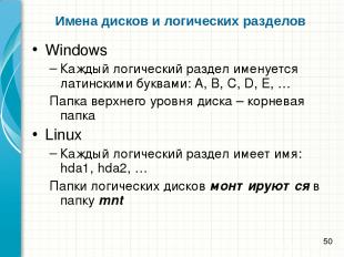 Имена дисков и логических разделов Windows Каждый логический раздел именуется ла