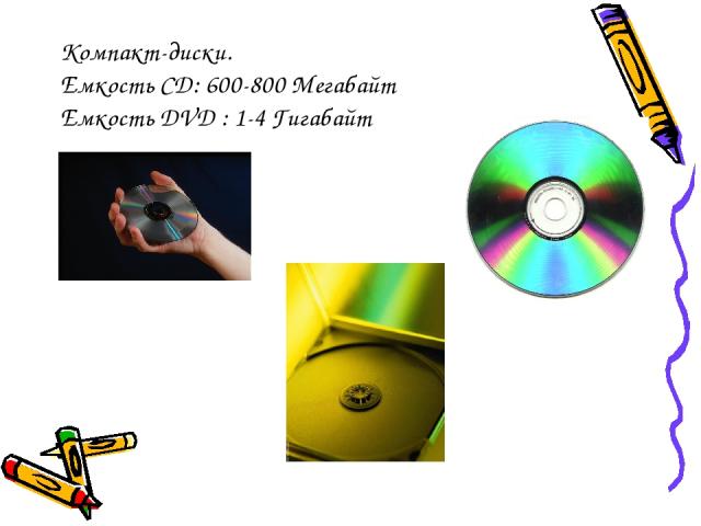 Компакт-диски. Емкость CD: 600-800 Мегабайт Емкость DVD : 1-4 Гигабайт