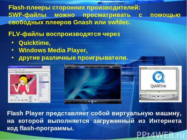 Flash-плееры сторонних производителей: Quicktime, Windows Media Player, другие различные проигрыватели. FLV-файлы воспроизводятся через SWF-файлы можно просматривать с помощью свободных плееров Gnash или swfdec. Flash Player представляет собой вирту…