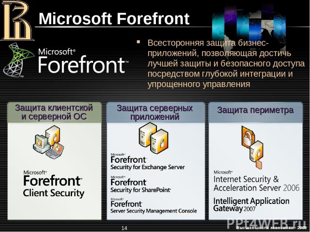 * Защита периметра Защита серверных приложений Защита клиентской и серверной ОС Всесторонняя защита бизнес-приложений, позволяющая достичь лучшей защиты и безопасного доступа посредством глубокой интеграции и упрощенного управления Microsoft Forefro…
