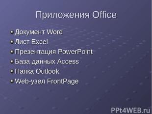 Приложения Office Документ Word Лист Excel Презентация PowerPoint База данных Ac