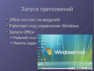 Запуск приложений Office состоит из модулей Работают под управление Windows Запу