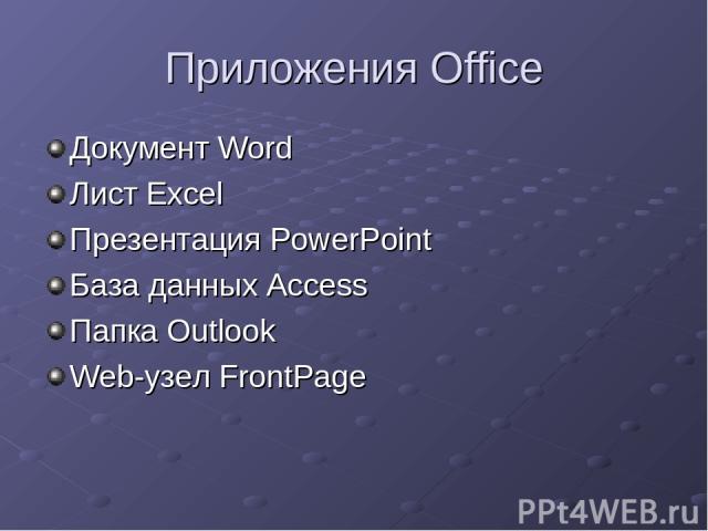 Приложения Office Документ Word Лист Excel Презентация PowerPoint База данных Access Папка Outlook Web-узел FrontPage