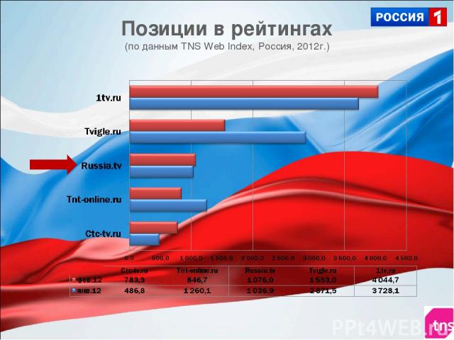 Позиции в рейтингах (по данным TNS Web Index, Россия, 2012г.)