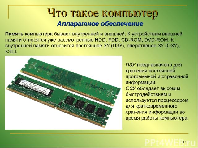 * Что такое компьютер Аппаратное обеспечение Память компьютера бывает внутренней и внешней. К устройствам внешней памяти относятся уже рассмотренные HDD, FDD, CD-ROM, DVD-ROM. К внутренней памяти относится постоянное ЗУ (ПЗУ), оперативное ЗУ (ОЗУ), …