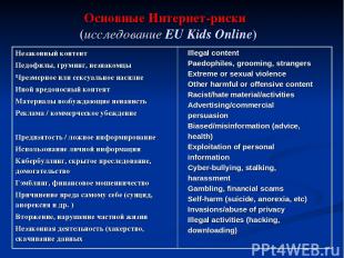 Основные Интернет-риски (исследование EU Kids Online) Незаконный контент Педофил