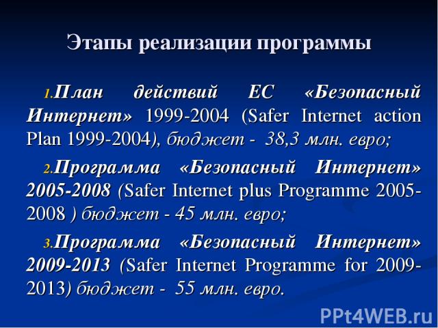Этапы реализации программы План действий ЕС «Безопасный Интернет» 1999-2004 (Safer Internet action Plan 1999-2004), бюджет - 38,3 млн. евро; Программа «Безопасный Интернет» 2005-2008 (Safer Internet plus Programme 2005-2008 ) бюджет - 45 млн. евро; …
