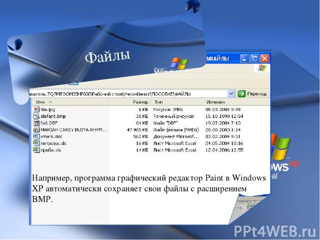 Например, программа графический редактор Paint в Windows XP автоматически сохраняет свои файлы с расширением BMP. Файлы