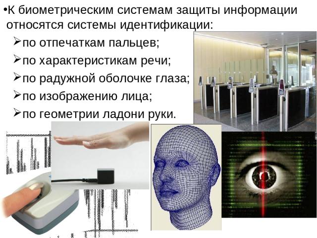 К биометрическим системам защиты информации относятся системы идентификации: по отпечаткам пальцев; по характеристикам речи; по радужной оболочке глаза; по изображению лица; по геометрии ладони руки.