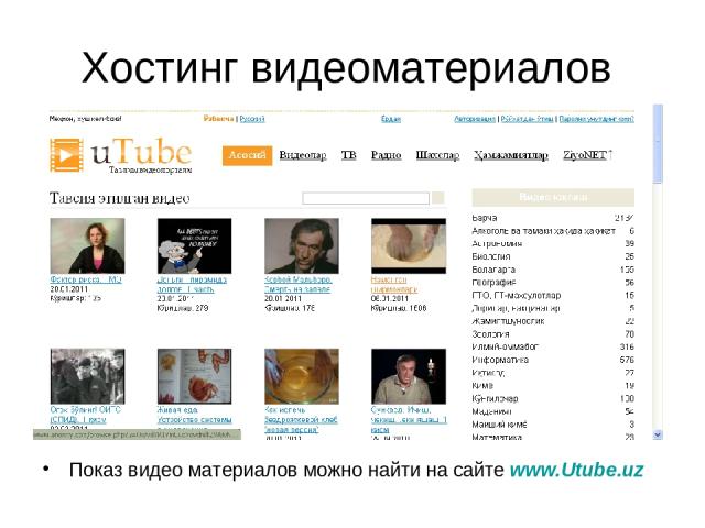 Хостинг видеоматериалов Показ видео материалов можно найти на сайте www.Utube.uz