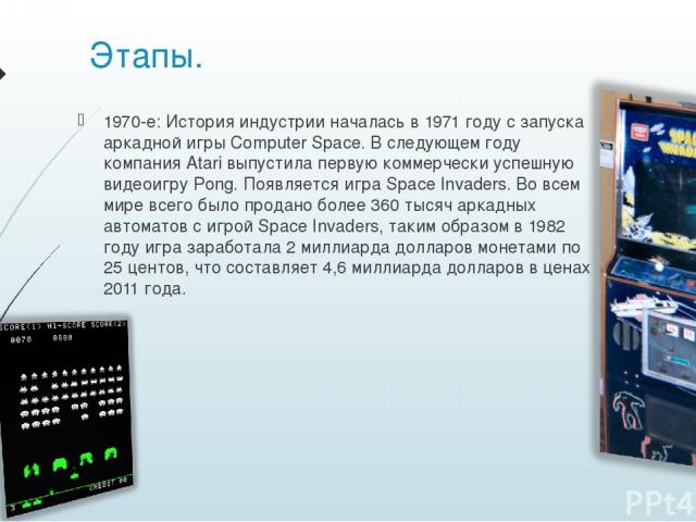 Этапы. 1970-е: История индустрии началась в 1971 году с запуска аркадной игры Computer Space. В следующем году компания Atari выпустила первую коммерчески успешную видеоигру Pong. Появляется игра Space Invaders. Во всем мире всего было продано более…
