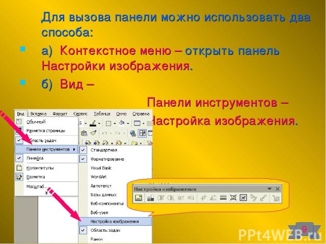 Для вызова панели можно использовать два способа: а) Контекстное меню – открыть панель Настройки изображения. б) Вид – Панели инструментов – Настройка изображения. 9