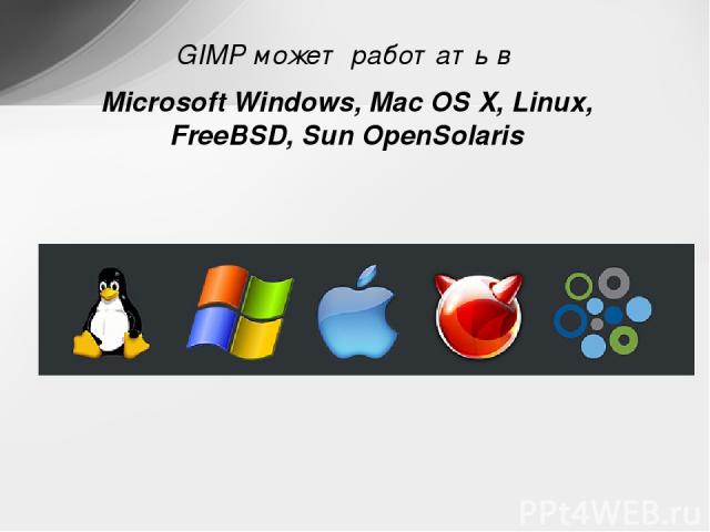 GIMP может работать в Microsoft Windows, Mac OS X, Linux, FreeBSD, Sun OpenSolaris