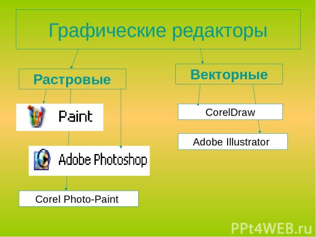Графические редакторы Растровые Векторные CorelDraw Corel Photo-Paint Аdobe Illustrator