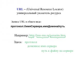 URL – (Universal Resource Locator) универсальный указатель ресурса Например: htt