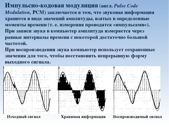 Импульсно-кодовая модуляция (англ. Pulse Code Modulation, PCM) заключается в том, что звуковая информация хранится в виде значений амплитуды, взятых в определенные моменты времени (т. е. измерения проводятся «импульсами»). При записи звука в компьют…