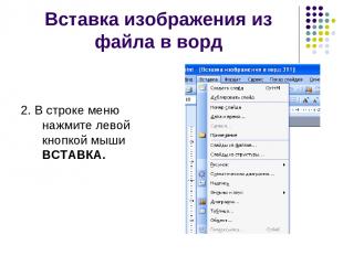 Вставка изображения из файла в ворд 2. В строке меню нажмите левой кнопкой мыши