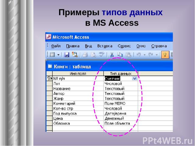 Примеры типов данных в MS Access