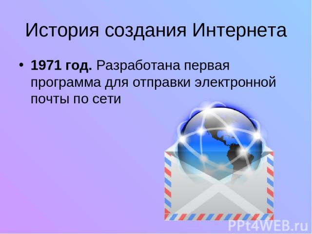 История создания Интернета 1971 год. Разработана первая программа для отправки электронной почты по сети