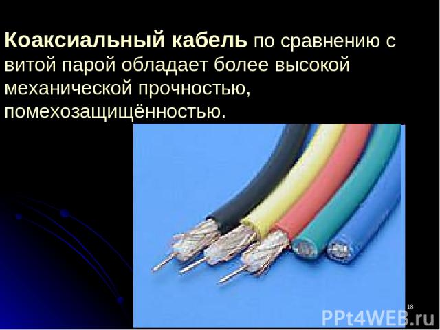 * Коаксиальный кабель по сравнению с витой парой обладает более высокой механической прочностью, помехозащищённостью. 