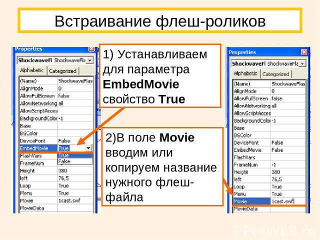 Встраивание флеш-роликов 1) Устанавливаем для параметра EmbedMovie свойство True 2)В поле Movie вводим или копируем название нужного флеш-файла