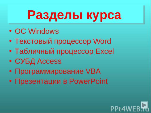 Разделы курса ОС Windows Текстовый процессор Word Табличный процессор Excel СУБД Access Программирование VBA Презентации в PowerPoint