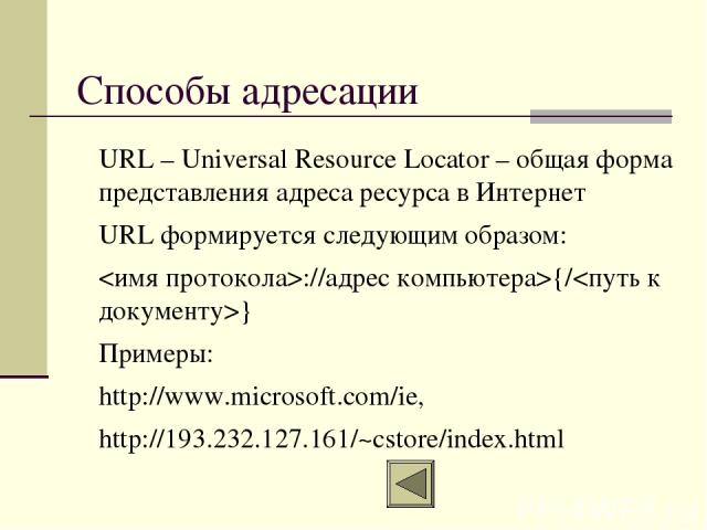 Способы адресации URL – Universal Resource Locator – общая форма представления адреса ресурса в Интернет URL формируется следующим образом: ://адрес компьютера>{/} Примеры: http://www.microsoft.com/ie, http://193.232.127.161/~cstore/index.html